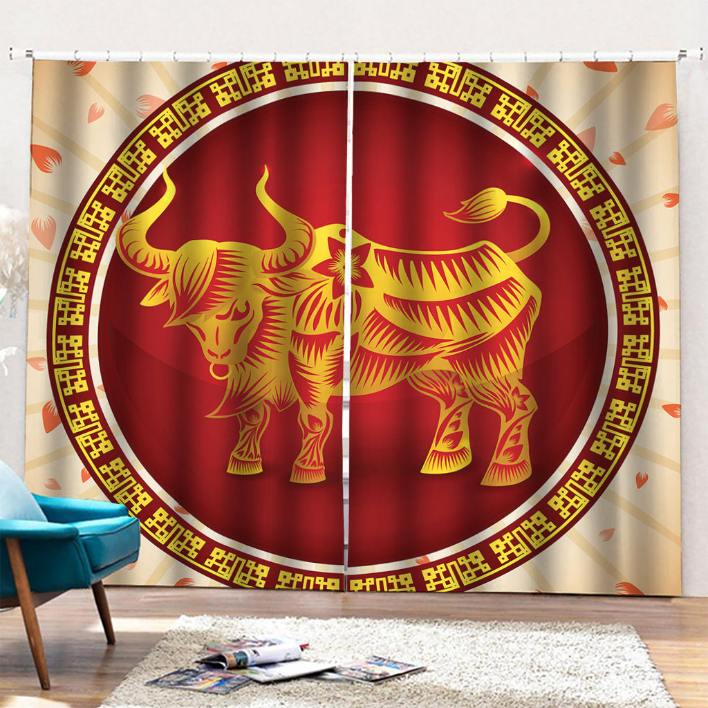 Chinese Ox Zodiac Sign Print Pencil Pleat Curtains