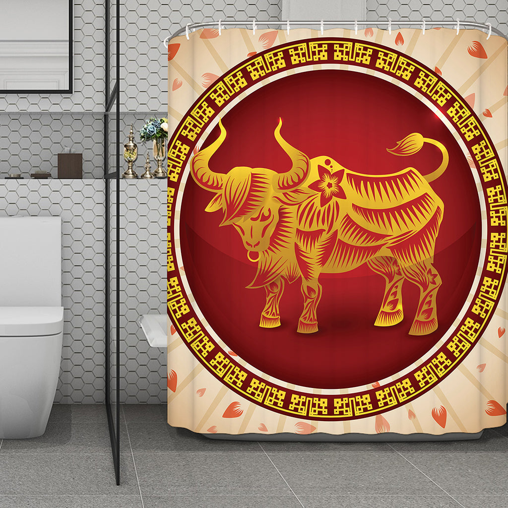 Chinese Ox Zodiac Sign Print Polyester Shower Curtain