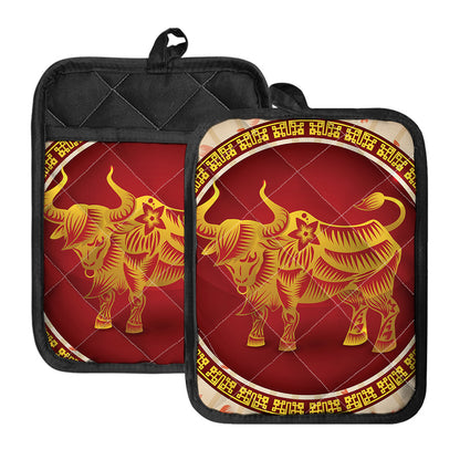 Chinese Ox Zodiac Sign Print Pot Holders With Pocket