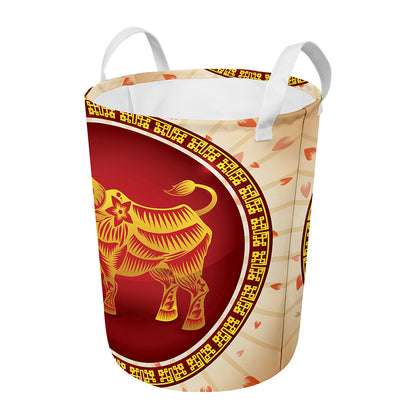 Chinese Ox Zodiac Sign Print Round Laundry Basket