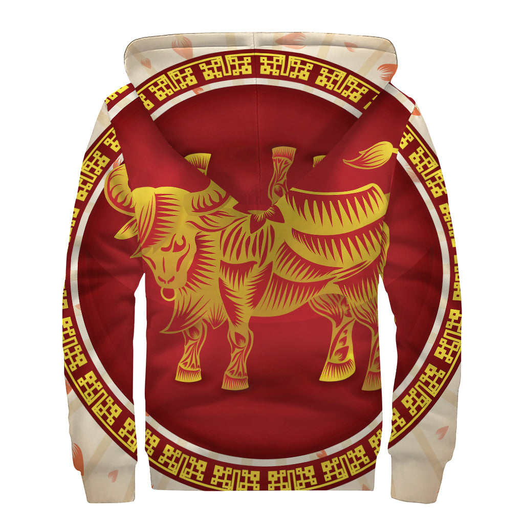Chinese Ox Zodiac Sign Print Sherpa Lined Zip Up Hoodie
