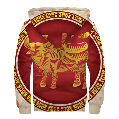 Chinese Ox Zodiac Sign Print Sherpa Lined Zip Up Hoodie