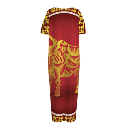 Chinese Ox Zodiac Sign Print Short Sleeve Long Nightdress