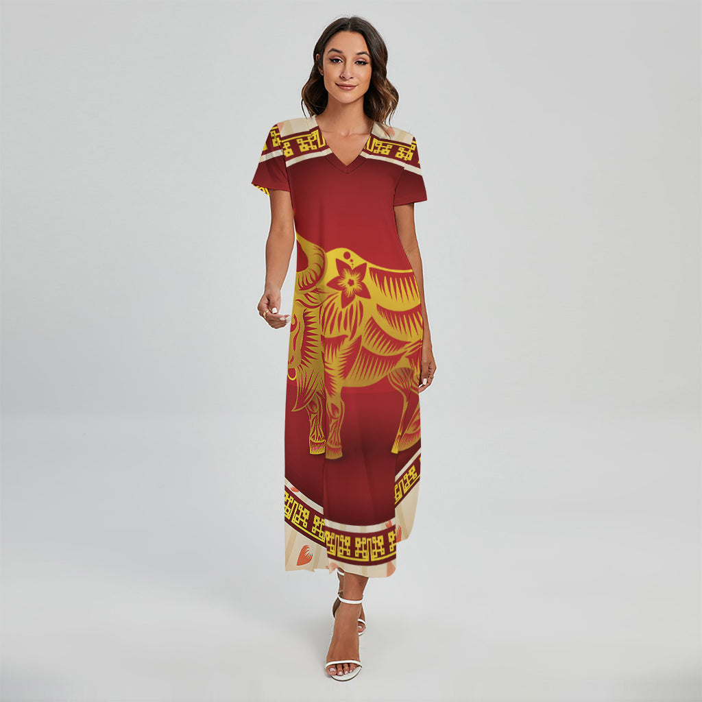 Chinese Ox Zodiac Sign Print Short Sleeve Maxi Dress