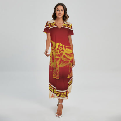 Chinese Ox Zodiac Sign Print Short Sleeve Maxi Dress