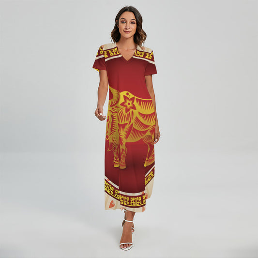 Chinese Ox Zodiac Sign Print Short Sleeve Maxi Dress