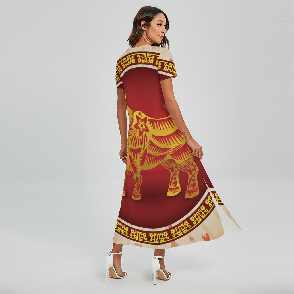 Chinese Ox Zodiac Sign Print Short Sleeve Maxi Dress