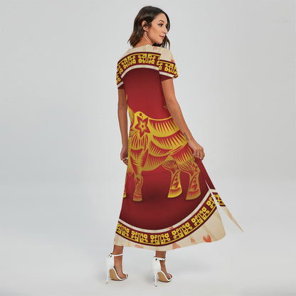 Chinese Ox Zodiac Sign Print Short Sleeve Maxi Dress