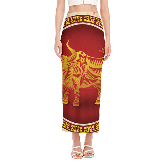 Chinese Ox Zodiac Sign Print Side Slit Maxi Skirt