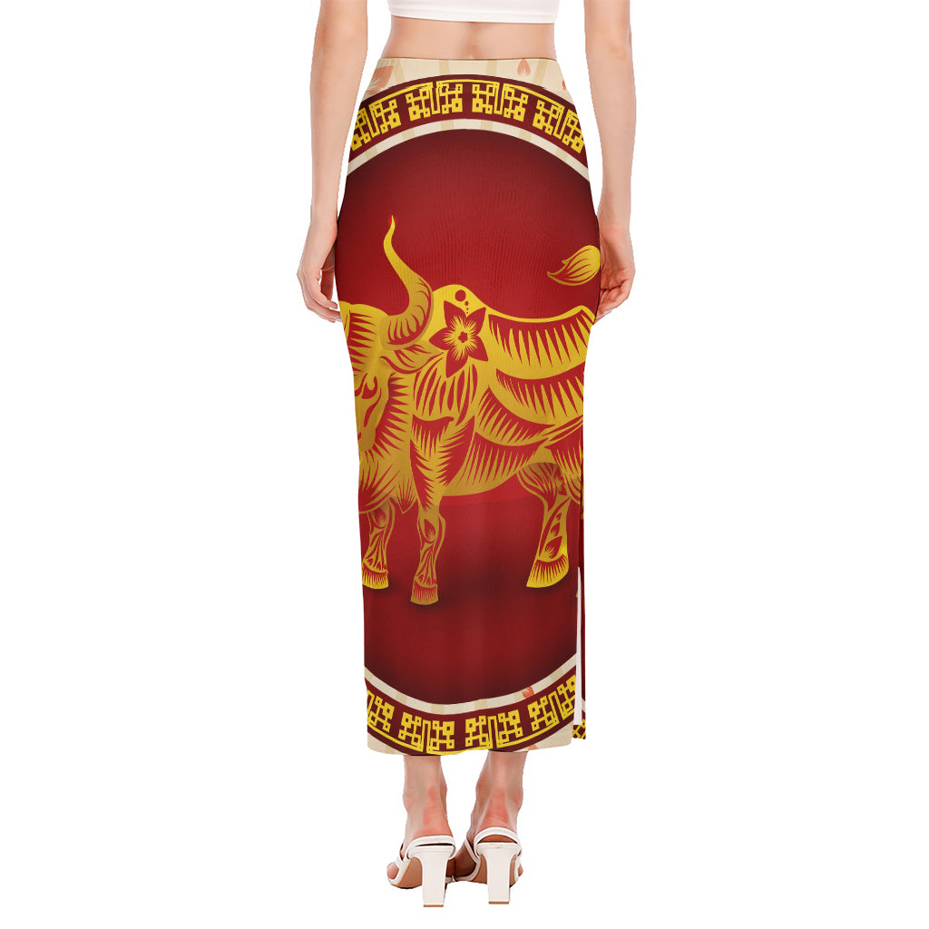 Chinese Ox Zodiac Sign Print Side Slit Maxi Skirt