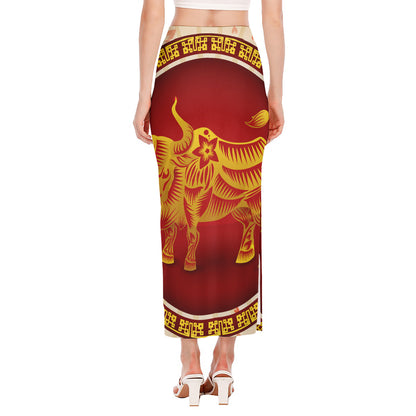 Chinese Ox Zodiac Sign Print Side Slit Maxi Skirt