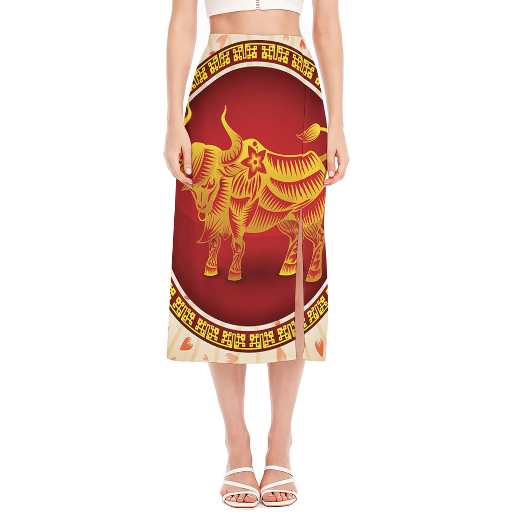 Chinese Ox Zodiac Sign Print Side Slit Midi Skirt