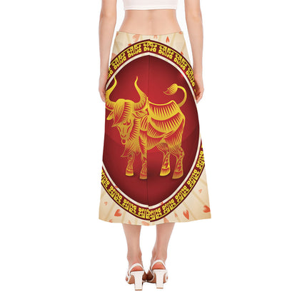 Chinese Ox Zodiac Sign Print Side Slit Midi Skirt