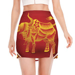 Chinese Ox Zodiac Sign Print Side Slit Mini Skirt