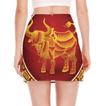 Chinese Ox Zodiac Sign Print Side Slit Mini Skirt