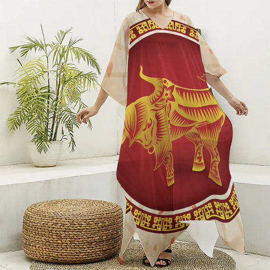 Chinese Ox Zodiac Sign Print Silk V-Neck Kaftan Dress