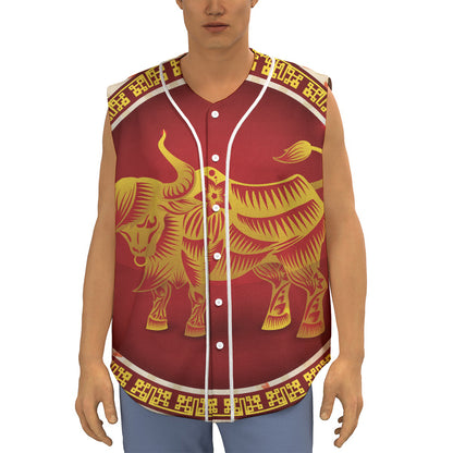 Chinese Ox Zodiac Sign Print Sleeveless Baseball Jersey