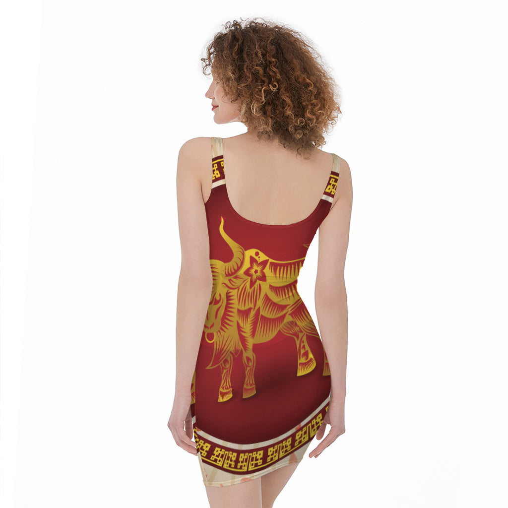 Chinese Ox Zodiac Sign Print Sleeveless Bodycon Dress