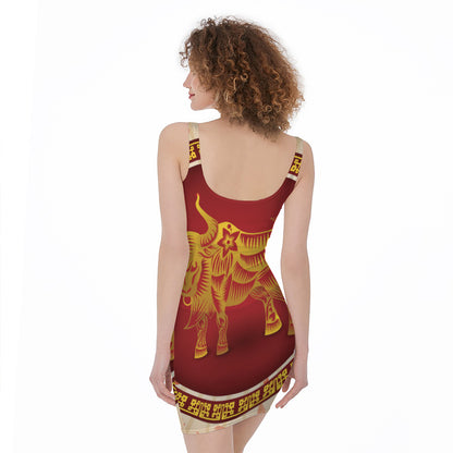 Chinese Ox Zodiac Sign Print Sleeveless Bodycon Dress