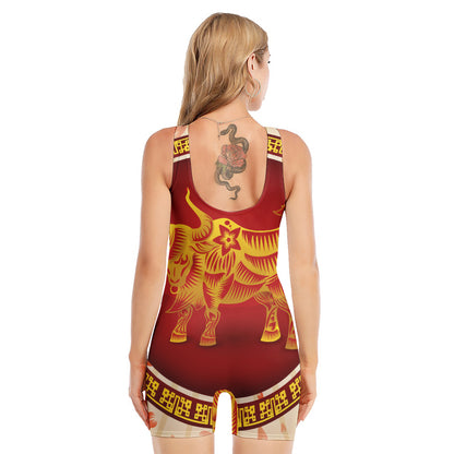 Chinese Ox Zodiac Sign Print Sleeveless One Piece Swimsuit