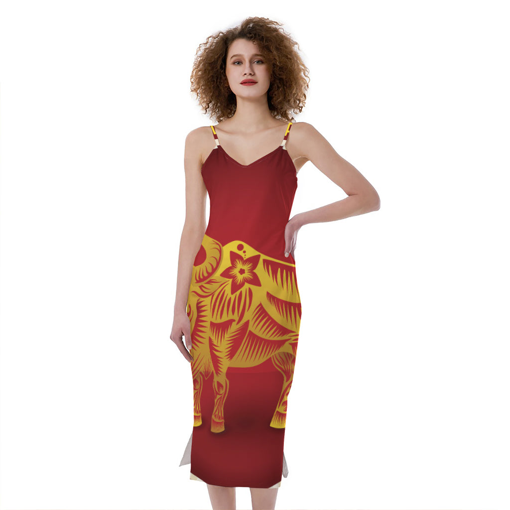 Chinese Ox Zodiac Sign Print Slim Fit Midi Cami Dress