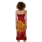 Chinese Ox Zodiac Sign Print Slim Fit Midi Cami Dress
