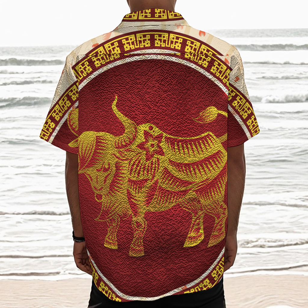 Chinese Ox Zodiac Sign Print Textured Short Sleeve Shirt