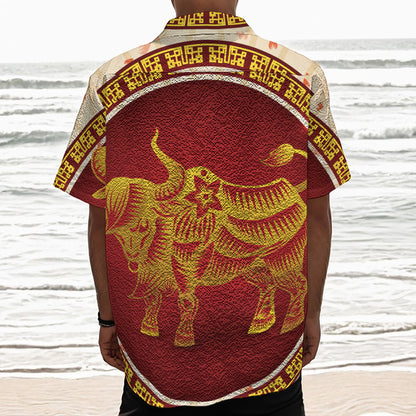 Chinese Ox Zodiac Sign Print Textured Short Sleeve Shirt