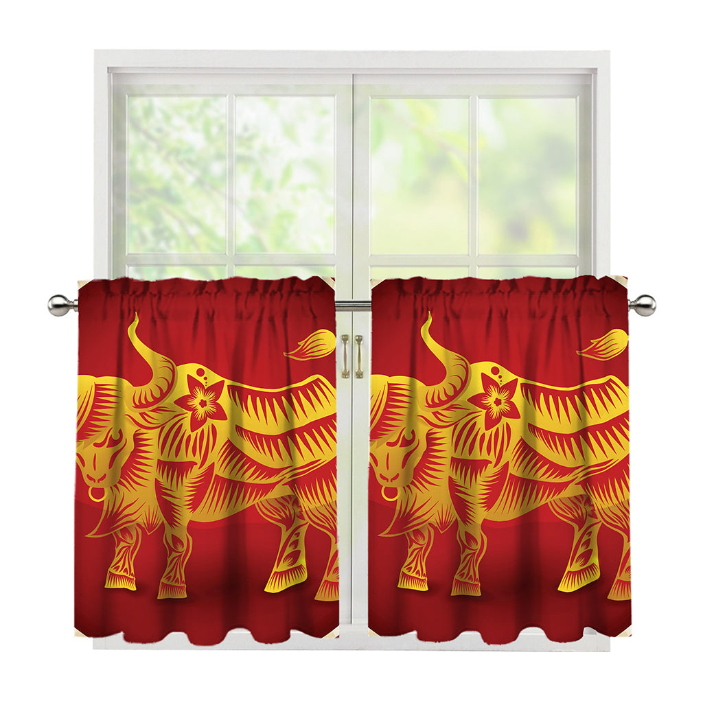 Chinese Ox Zodiac Sign Print Tier Curtains