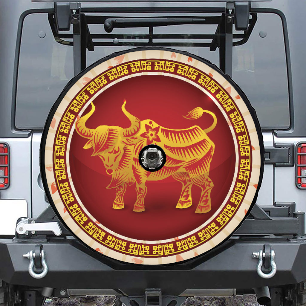Chinese Ox Zodiac Sign Print Tire Cover With Camera Hole