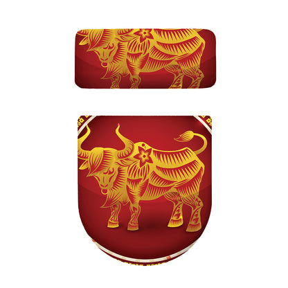 Chinese Ox Zodiac Sign Print Toilet Lid And Tank Cover Set
