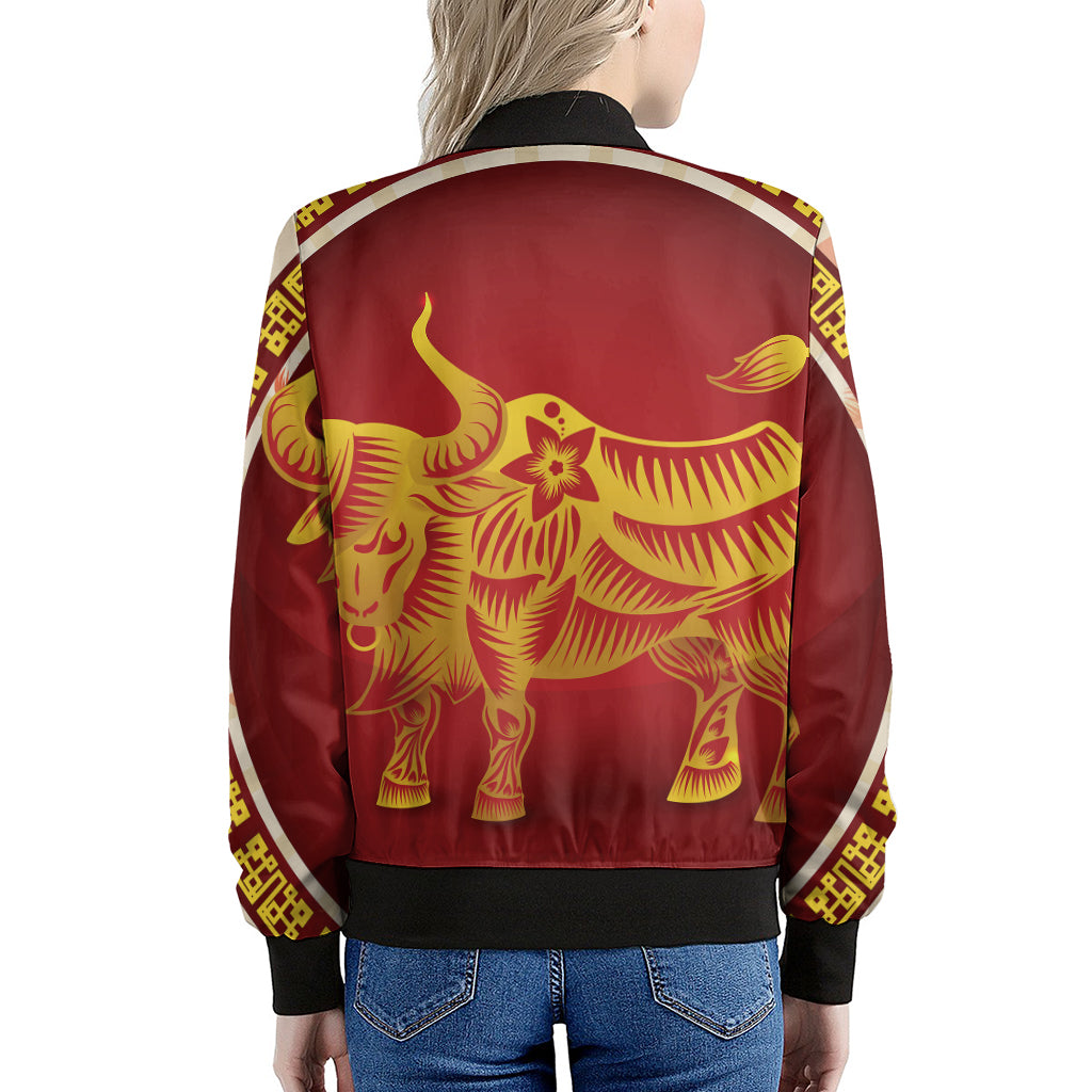 Chinese Ox Zodiac Sign Print Women's Bomber Jacket