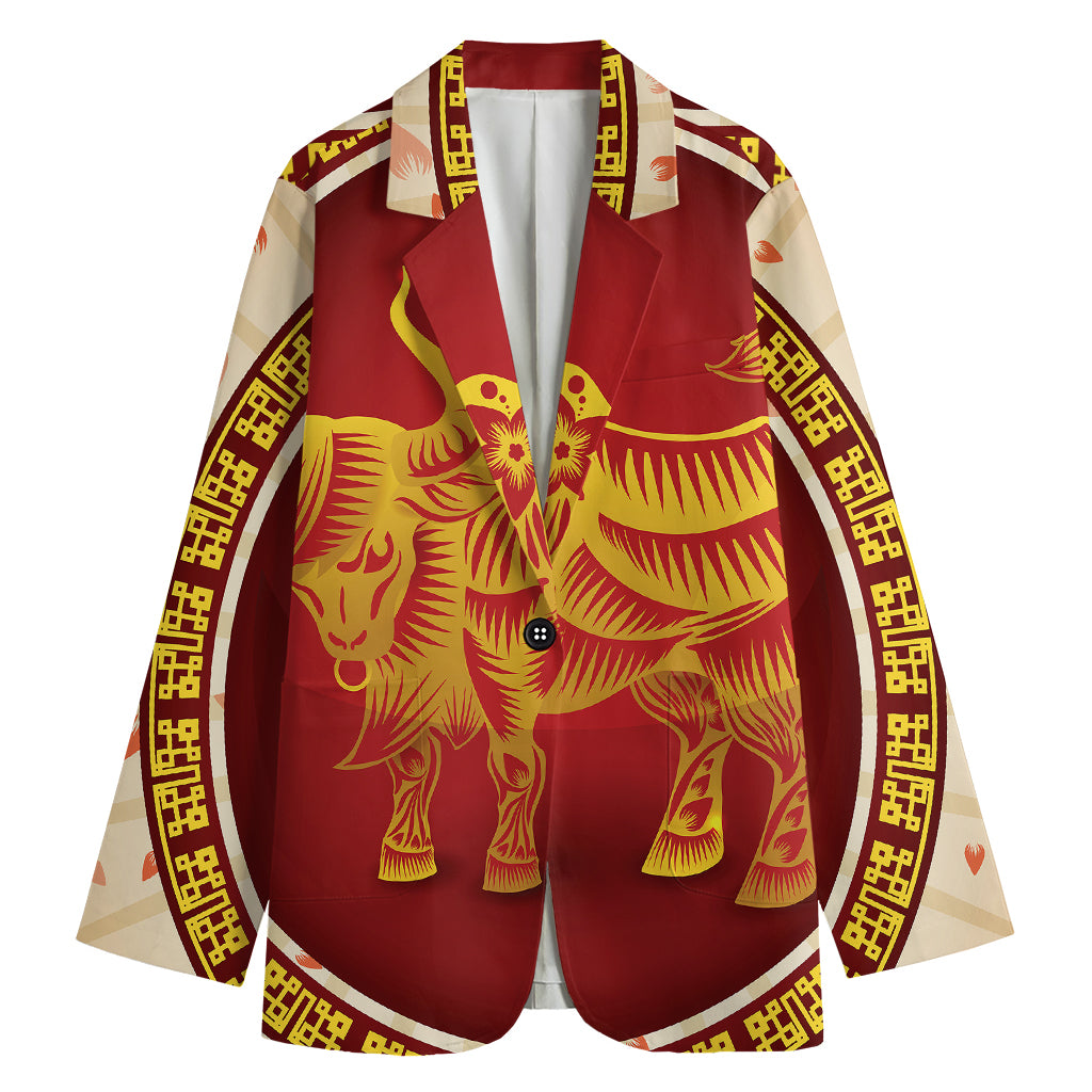 Chinese Ox Zodiac Sign Print Women's Cotton Blazer