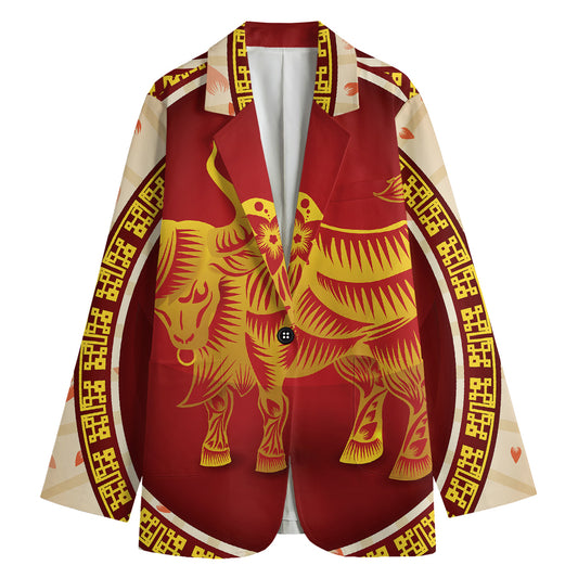 Chinese Ox Zodiac Sign Print Women's Cotton Blazer