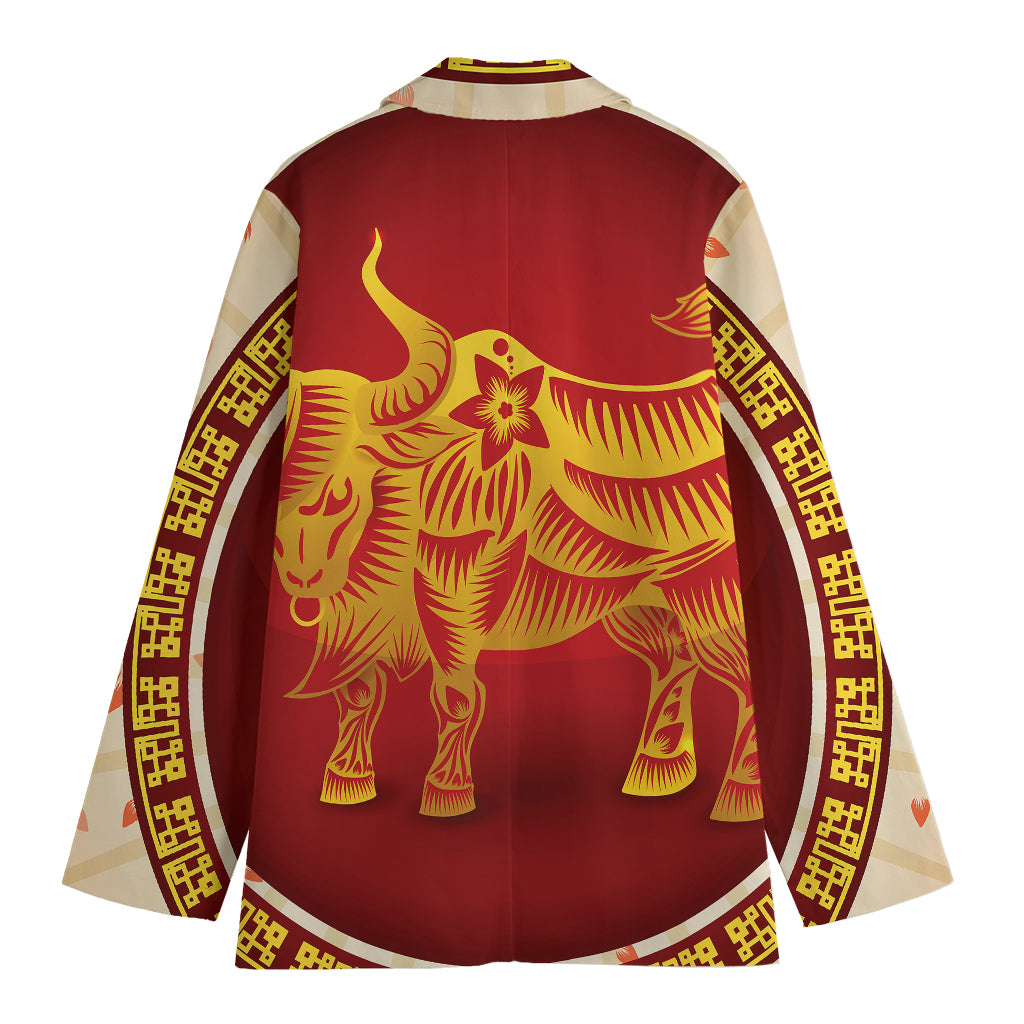 Chinese Ox Zodiac Sign Print Women's Cotton Blazer