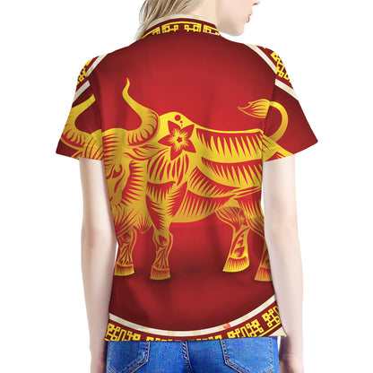 Chinese Ox Zodiac Sign Print Women's Polo Shirt