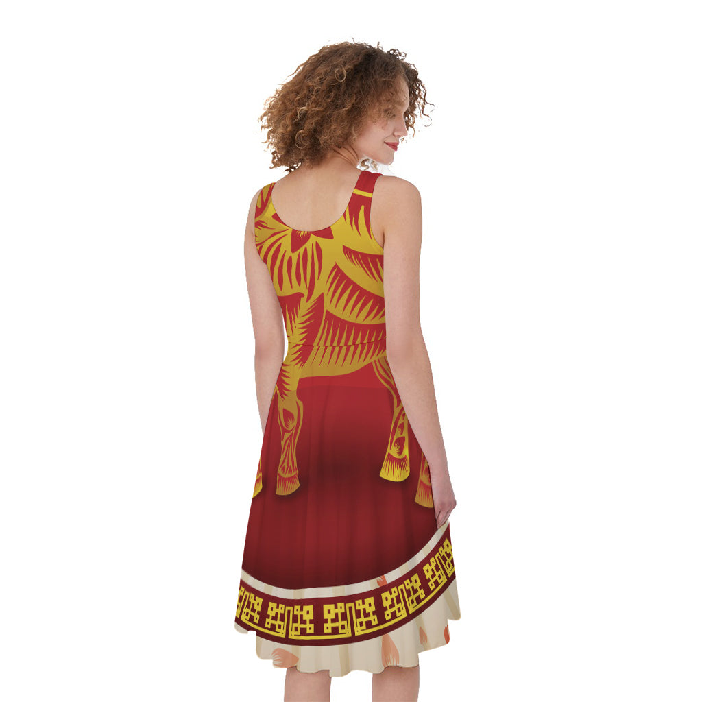Chinese Ox Zodiac Sign Print Women's Sleeveless Dress