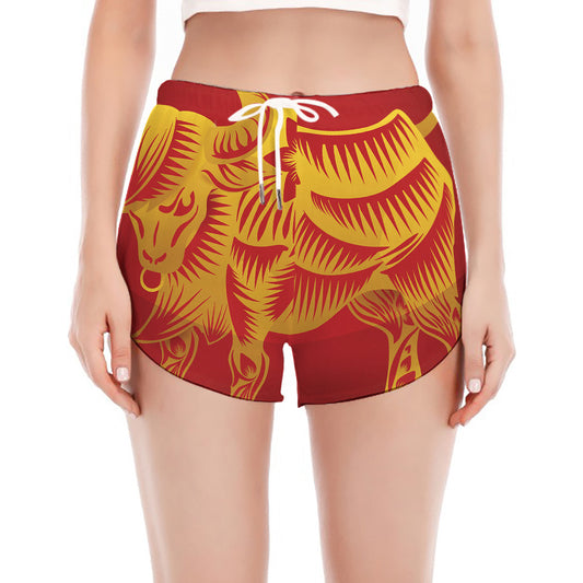 Chinese Ox Zodiac Sign Print Women's Split Running Shorts