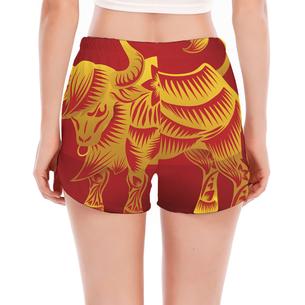 Chinese Ox Zodiac Sign Print Women's Split Running Shorts