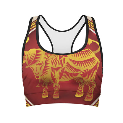 Chinese Ox Zodiac Sign Print Women's Sports Bra
