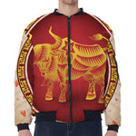 Chinese Ox Zodiac Sign Print Zip Sleeve Bomber Jacket