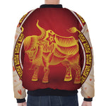 Chinese Ox Zodiac Sign Print Zip Sleeve Bomber Jacket