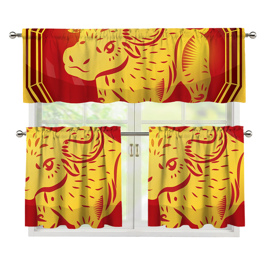Chinese Ox Zodiac Symbol Print 3 Piece Kitchen Curtains