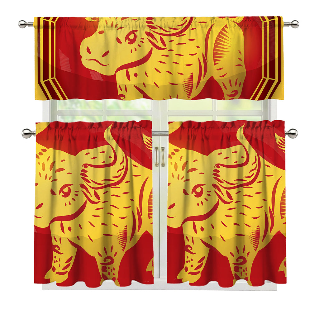 Chinese Ox Zodiac Symbol Print 3 Piece Kitchen Curtains