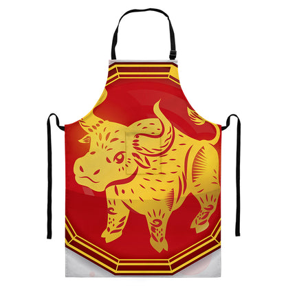 Chinese Ox Zodiac Symbol Print Bib Apron With Pocket