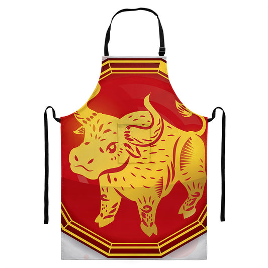 Chinese Ox Zodiac Symbol Print Bib Apron With Pocket