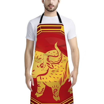 Chinese Ox Zodiac Symbol Print Bib Apron With Pocket