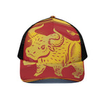 Chinese Ox Zodiac Symbol Print Black Mesh Trucker Cap