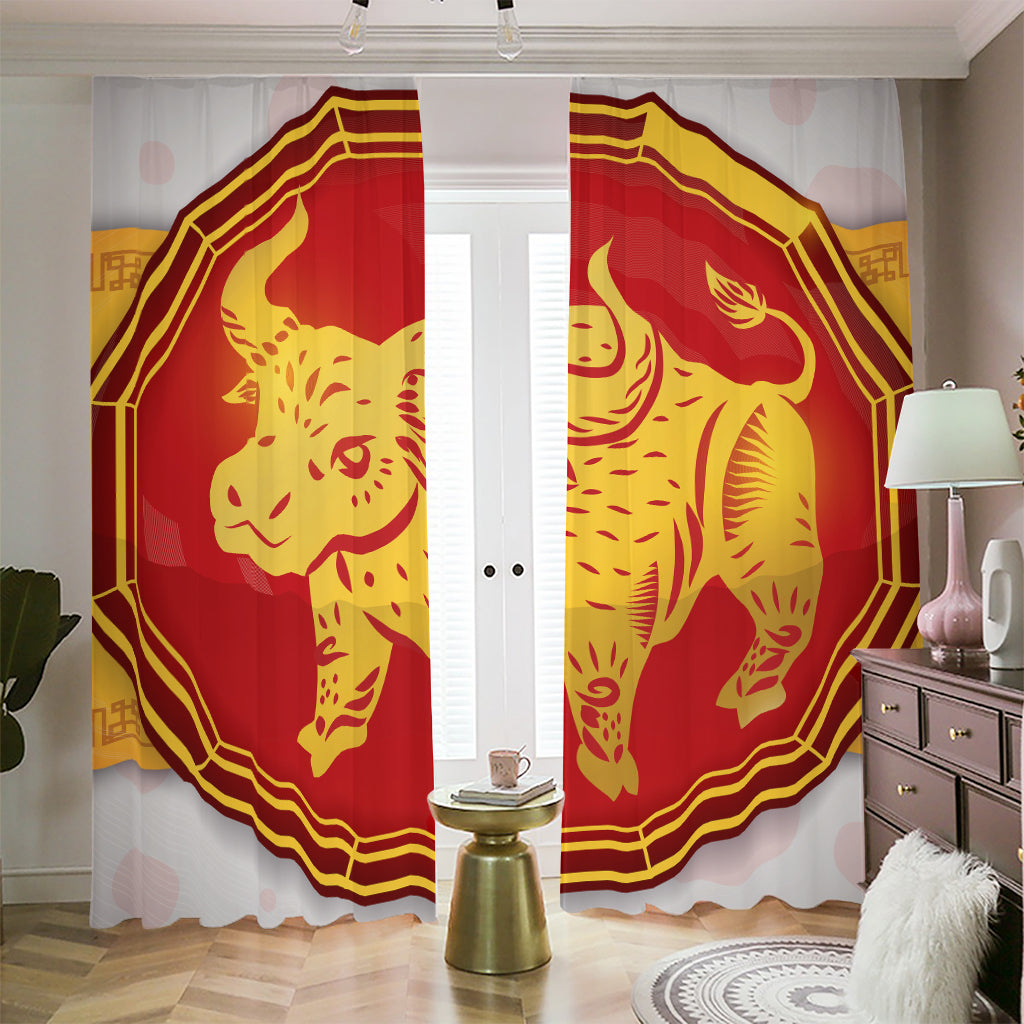 Chinese Ox Zodiac Symbol Print Blackout Pencil Pleat Curtains