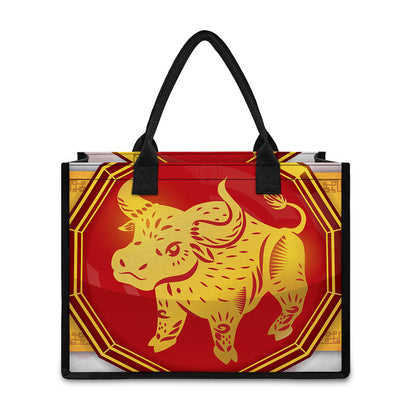 Chinese Ox Zodiac Symbol Print Canvas Tote Bag